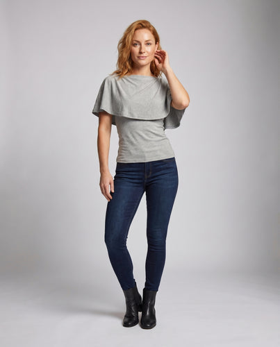 Damen nan zweilagiges Cape-Top aus Baumwolljersey mit U-Boot-Ausschnitt und tailliertem Rippkörper EB