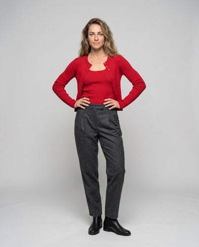 Damen nan zweiteiliges geripptes Strick-Set mit Feinstrick-Cardigan und schmalem Tanktop EB