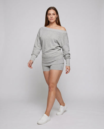 Damen nan zweiteiliges Lounge-Set mit schulterfreiem Oversize-Pullover und tailliertem Rippen-Minirock EB