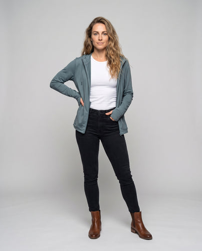 Damen atmungsaktive Fitnessjacke mit Kapuze und durchgehendem Reißverschluss R&B