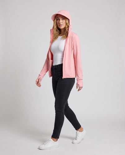 Damen nan leichte Sonnenschutz-Funktionsjacke mit Kapuze durchgehendem Reißverschluss Daumenlochbündchen und atmungsaktivem Mikromesh R&B