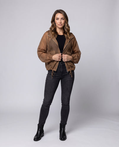 Damen nan leichte transparente Kapuzenjacke aus Chiffon mit Reißverschluss Tunnelzug und aufgesetzten Taschen R&B