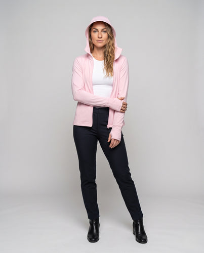Damen nan minimalistisches Kapuzenshirt mit verdecktem Reißverschluss aus stretchigem Jersey Stehkragen und Ärmelschlitzen R&B