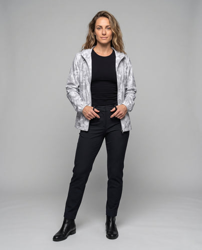 Damen nan reisefreundliche Kapuzenjacke mit hexagonalem Strukturprint, fein gestricktem Mikrofaserfinish und elastischem Abschluss R&B