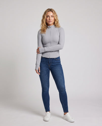 Damen nan taillierte Laufjacke mit Reißverschluss Stehkragen und Daumenlöchern aus elastischem Funktionsmaterial R&B
