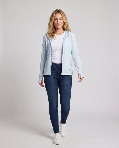 Damen nan ultraleichte Sonnenschutz Kapuzenjacke mit Reißverschluss, atmungsaktiven Netzeinsätzen und Daumenlöchern R&B