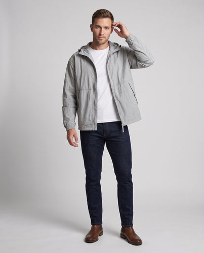 Unisex nan packbare Kapuzen-Windjacke mit Zweiwege-Reißverschluss und Kordelzugsaum R&B