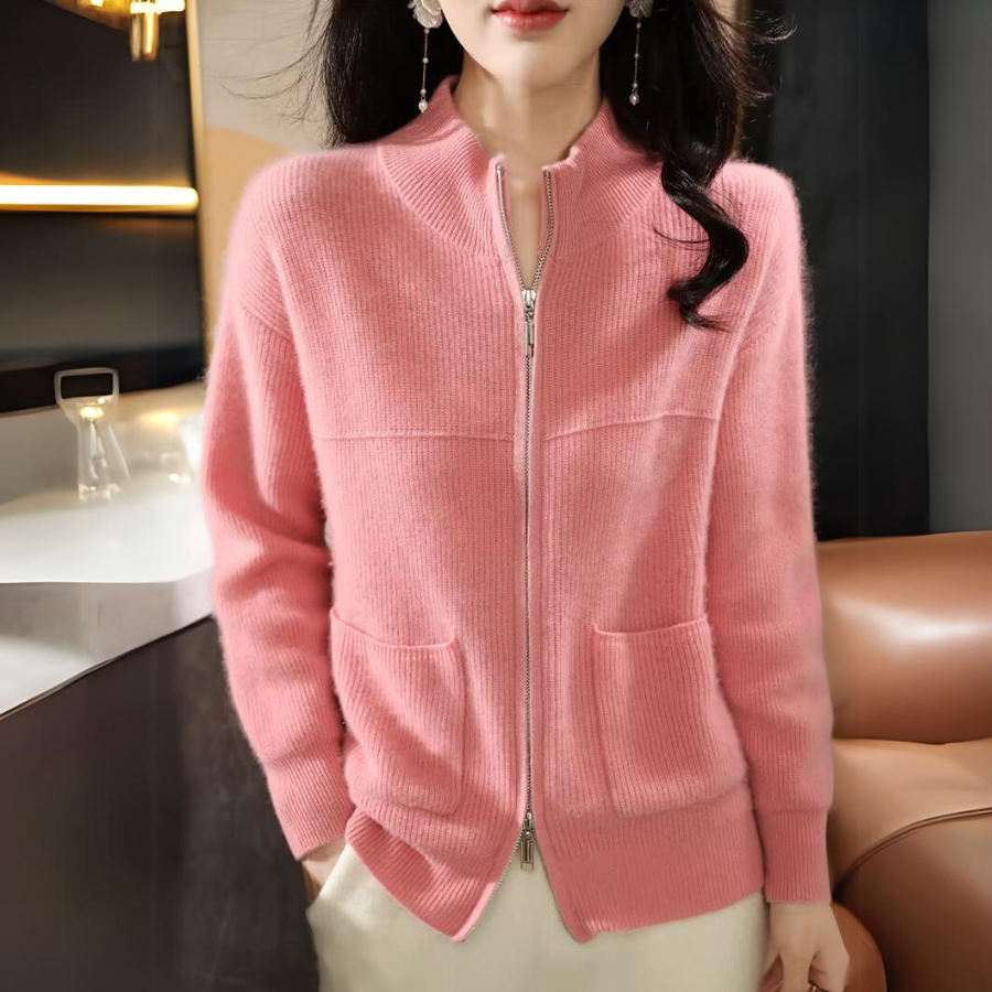 EB | Damen Merino Strickjacke mit Reißverschluss und langen Ärmeln