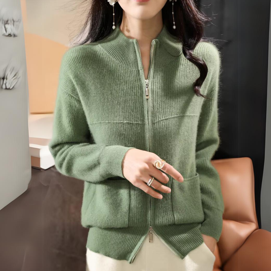 EB | Damen Merino Strickjacke mit Reißverschluss und langen Ärmeln