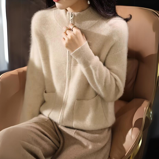 EB | Damen Merino Strickjacke mit Reißverschluss und langen Ärmeln