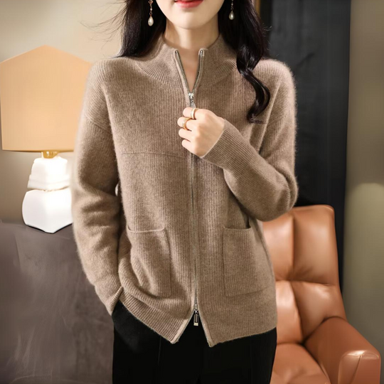 EB | Damen Merino Strickjacke mit Reißverschluss und langen Ärmeln