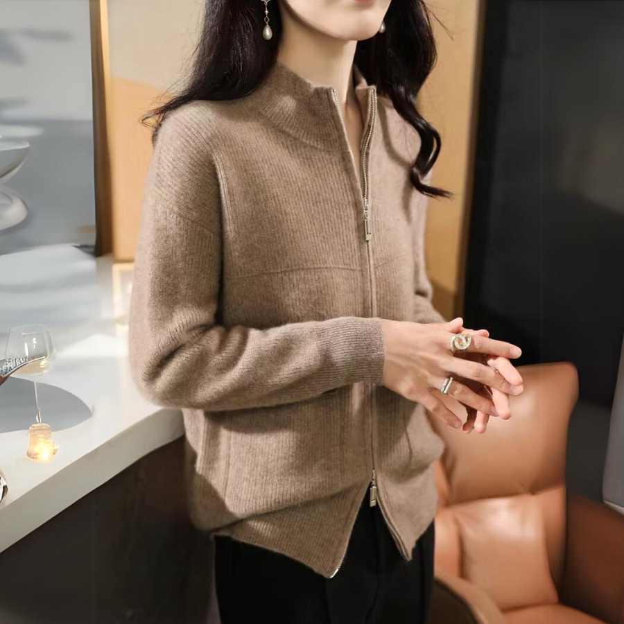 EB | Damen Merino Strickjacke mit Reißverschluss und langen Ärmeln
