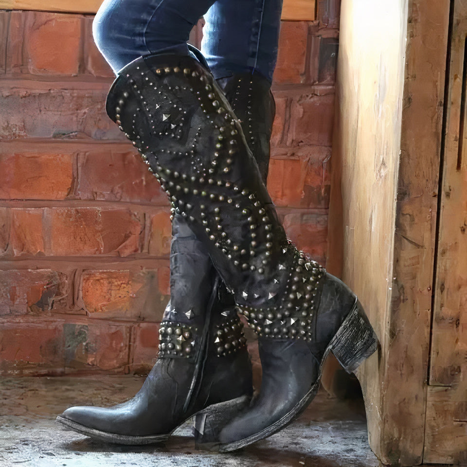 EB | Nieten Chunky Heel Knielange Stiefel