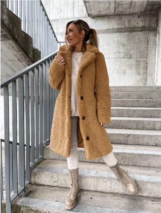 EB | Langer Mantel Plüschtextur Relaxed Fit Vollständig Länge Knopfverschluss