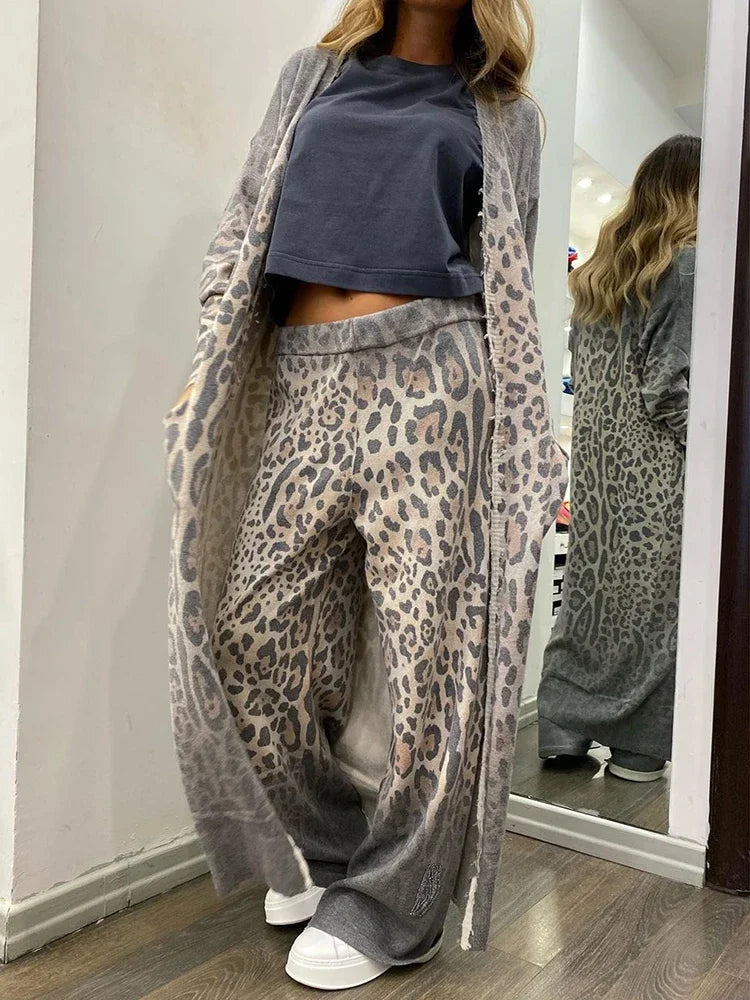 EB | Leopardenprint Cardigan, Langarm Taschen und Gummizug Hosen Satz