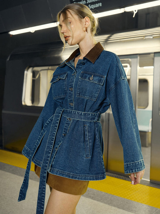 EB | Trendige Jeansjacke Damen mit Gürtel und Taschen