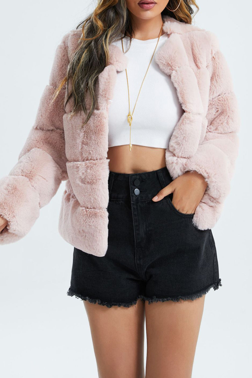 EB | Damen Kurze Kunstpelzjacke mit Revers und Weichem Stoff