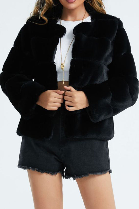 EB | Damen Kurze Kunstpelzjacke mit Revers und Weichem Stoff