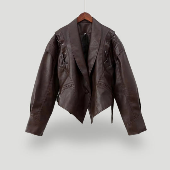 EB | Lederjacke - Wickeldesign - Gurtel Taille - Strukturierte Schultern - Schnürdetails