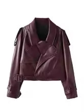 EB | Bordeaux kurze Herbstjacke mit Ärmelgürteln