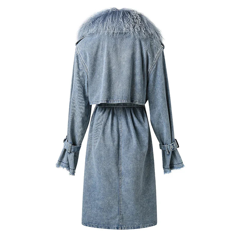 EB | Lange Denimjacke mit Kunstfell Baumwollmix Modern und Elegant