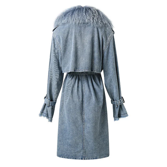 EB | Lange Denimjacke mit Kunstfell Baumwollmix Modern und Elegant