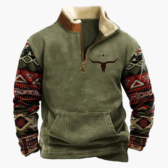 EB | Western Style Pullover mit Azteken-Muster und Longhorn-Motiv - Bequemer Freizeit-Sweater für Outdoor & Alltag