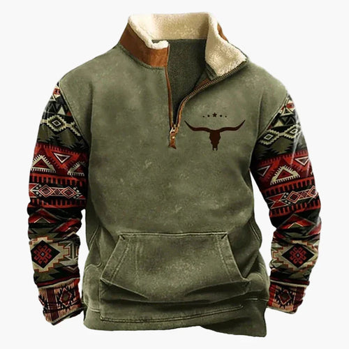 EB | Western Style Pullover mit Azteken-Muster und Longhorn-Motiv - Bequemer Freizeit-Sweater für Outdoor & Alltag