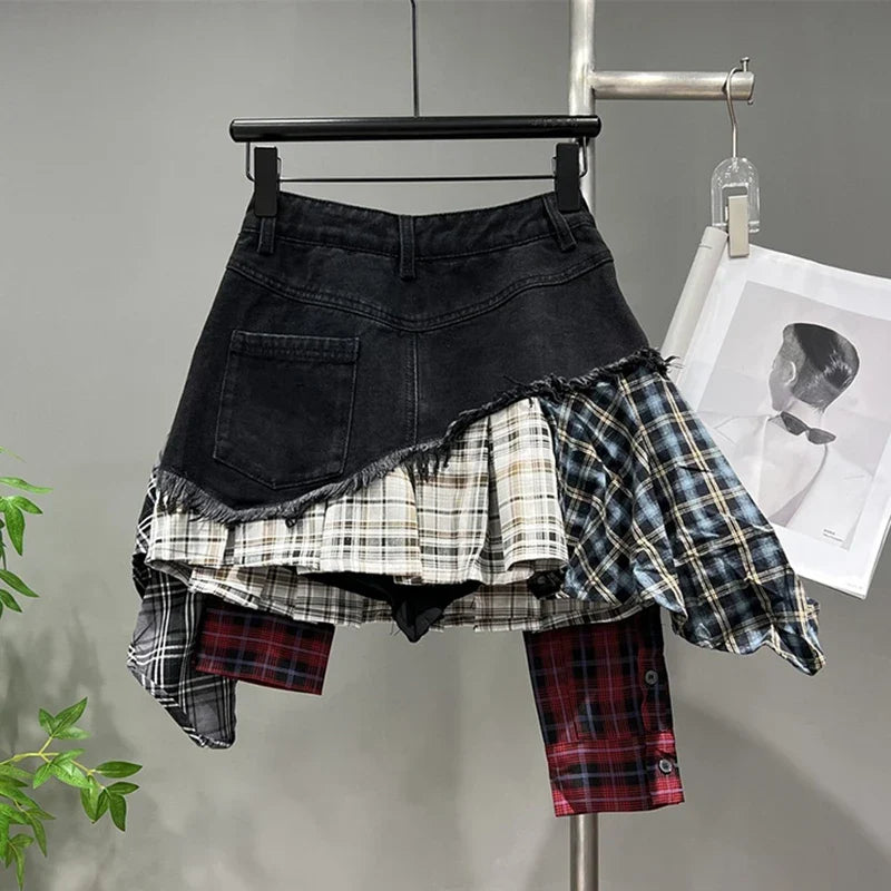 EB | Jahrgang Unregelmäßig Patchwork Kariert Röcke Denim Kurz für Frauen Hohe Taille Eingewickelt Hüfte Mini Rock Sommer Weiblich