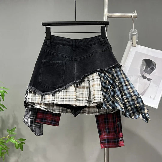 EB | Jahrgang Unregelmäßig Patchwork Kariert Röcke Denim Kurz für Frauen Hohe Taille Eingewickelt Hüfte Mini Rock Sommer Weiblich