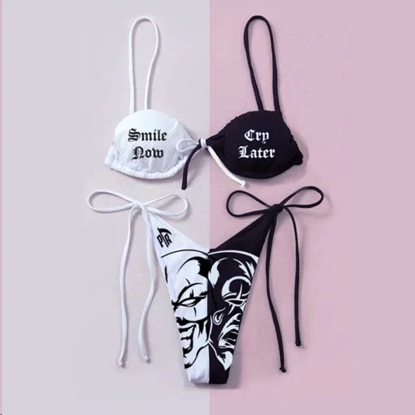 EB | Sexy Goth Bikini Frauen Buchstaben Totenkopf Druck Badeanzug Split Badeanzug Hohe Taille Gotische Bikini Set Strandoutfits