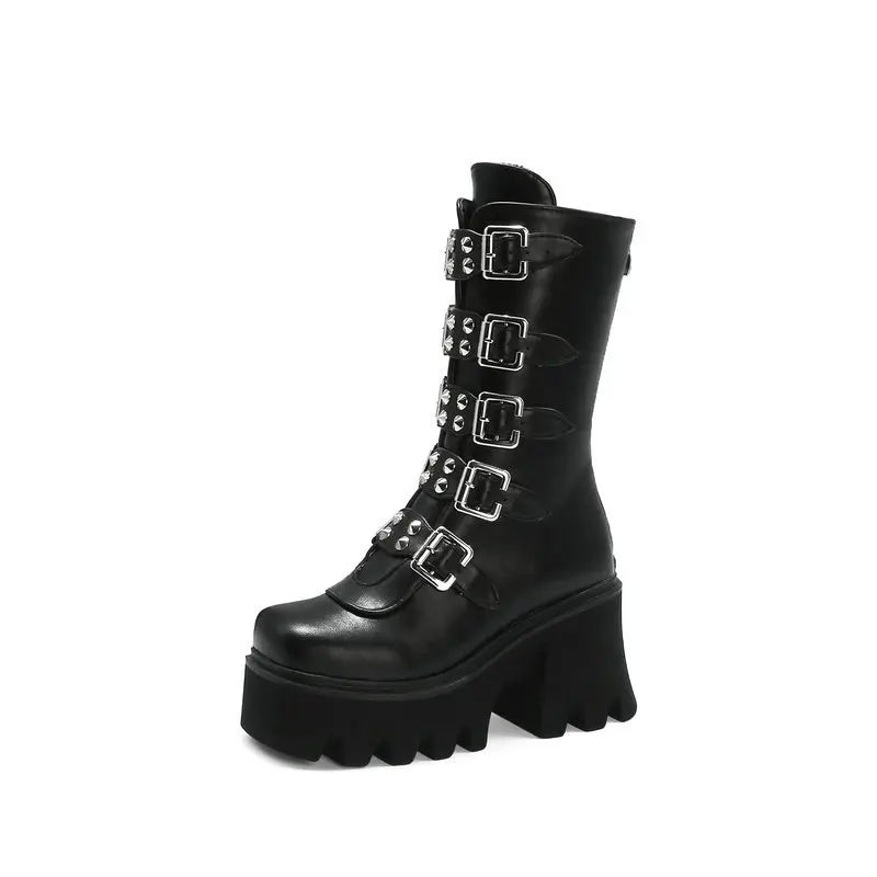 EB | Gothic Schuhe Frauen Schwarz Hochstiefel Weiblich Hohe Absatz Frauen Combat Punk Chunky Dame