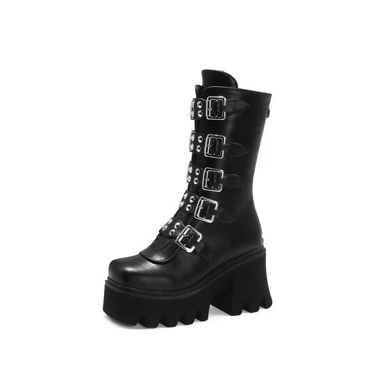 EB | Gothic Schuhe Frauen Schwarz Hochstiefel Weiblich Hohe Absatz Frauen Combat Punk Chunky Dame