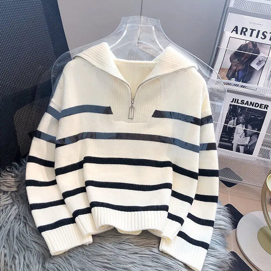 EB | Strickpullover Halb Reißverschluss Weich und Warm Gestreiftes Design Gerippte Kanten