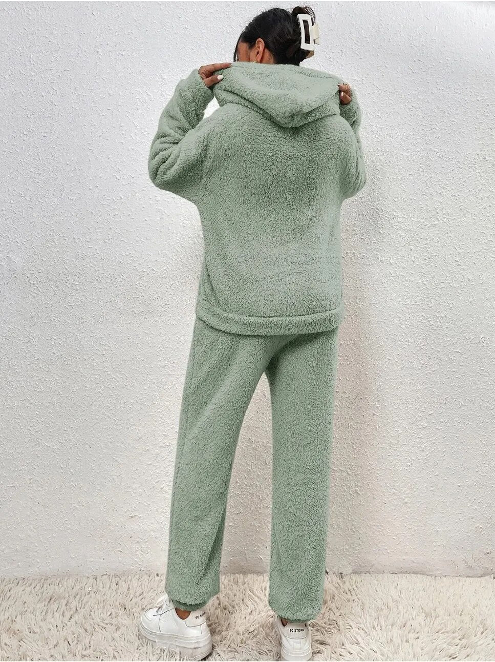 EB | Weiche Teddyjacke Damen Loungewear Satz mit Kapuze