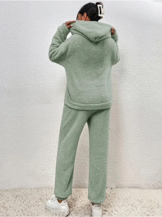 EB | Weiche Teddyjacke Damen Loungewear Satz mit Kapuze