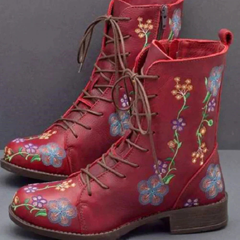 Bestickte Blumenstiefel mit Schnürung EB