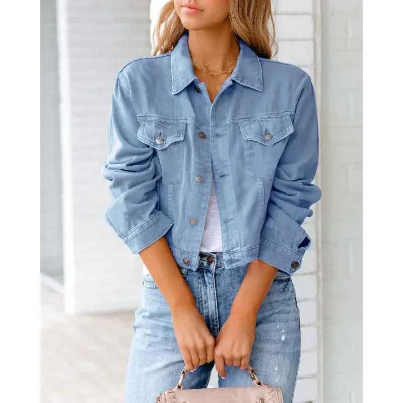 EB | Kurze Taschenjacke Mode Streetwear Einfache Knopf Trend Frauen Denim Jacken Lange Ärmel Herbst Neu Denim Denim Jacken