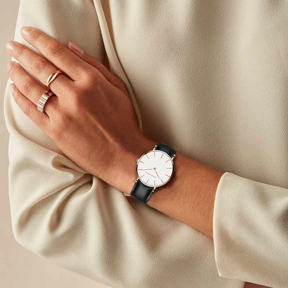 EB | Runde Zeitlose Minimalistische Uhr mit Lederarmband für Frauen