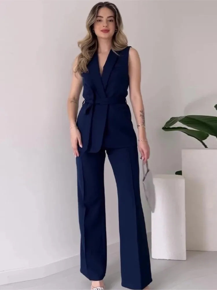 EB | Ärmelloser Blazer-Anzug Taillierte Passform Wickel-V-Ausschnitt Weite Hose