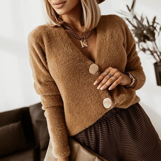 EB | Strickjacke Weiche Strickware V-Ausschnitt Große Knöpfe Lockere Passform