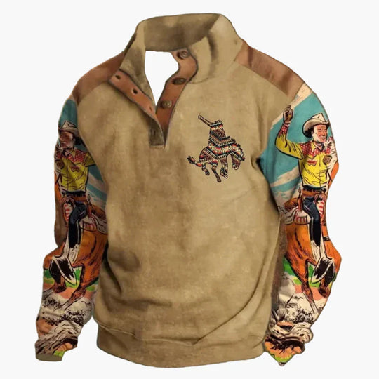 EB | Retro Cowboy Sweatshirt mit Digitaldruck und Stehkragen - Western Casual Pullover für Outdoor und Freizeit
