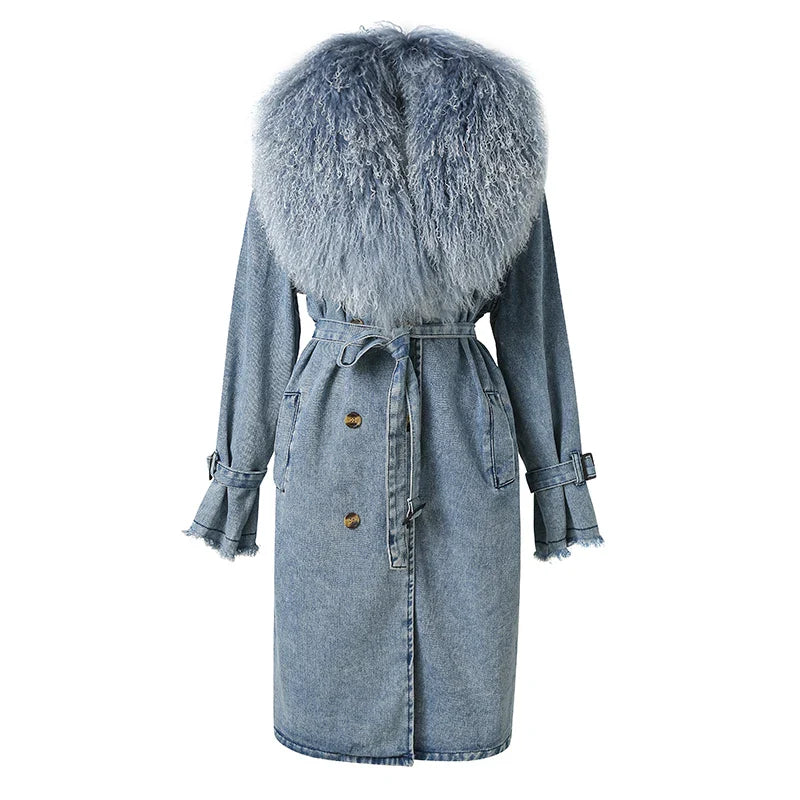 EB | Lange Denimjacke mit Kunstfell Baumwollmix Modern und Elegant