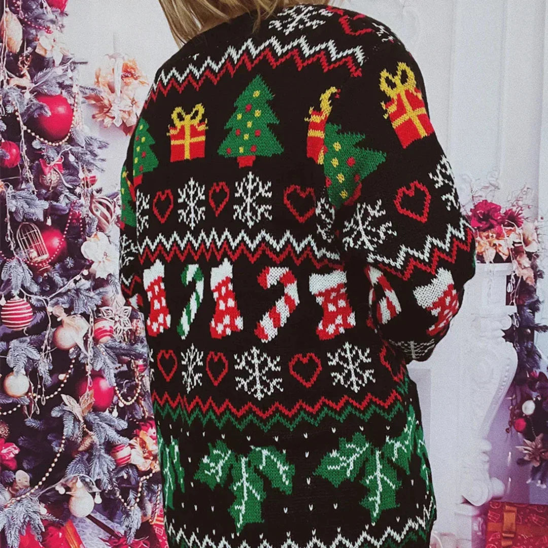 EB | Strickjacke Strick Knopfverschluss Festliches Design mit Weihnachtsmuster V-Ausschnitt