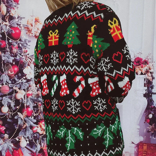EB | Strickjacke Strick Knopfverschluss Festliches Design mit Weihnachtsmuster V-Ausschnitt