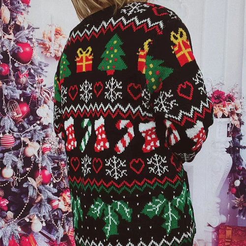 EB | Strickjacke Strick Knopfverschluss Festliches Design mit Weihnachtsmuster V-Ausschnitt