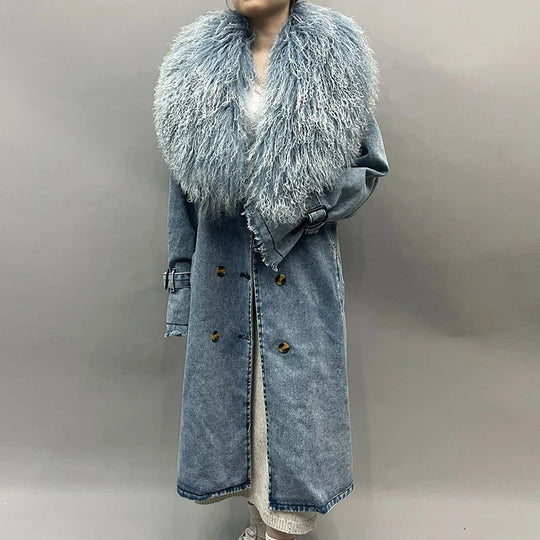 EB | Lange Denimjacke mit Kunstfell Baumwollmix Modern und Elegant