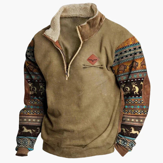 EB | Western Style Pullover mit Azteken-Muster und Longhorn-Motiv - Bequemer Freizeit-Sweater für Outdoor & Alltag