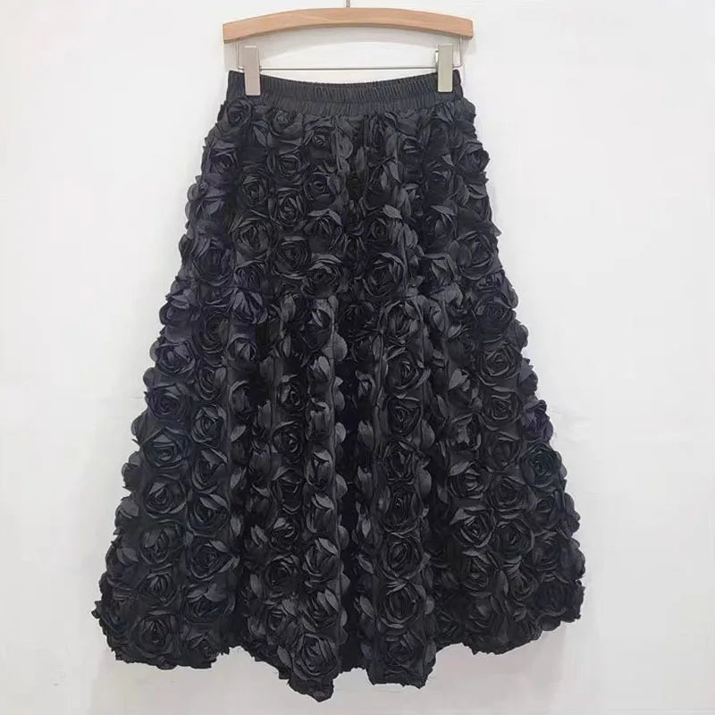 EB | Herbst Neu Vielseitig Drei Dimensional Blumen Mittlere Falten Rock Hohe Taille Große Schwung Mode A-Linie Röcke Frauen