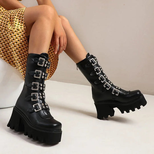 EB | Gothic Schuhe Frauen Schwarz Hochstiefel Weiblich Hohe Absatz Frauen Combat Punk Chunky Dame